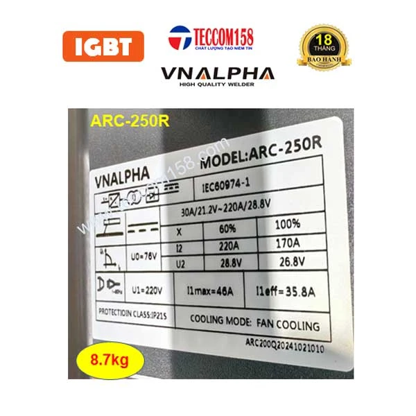 VNALPHA ARC-250R CHUYÊN QUE 4LY 100% 5LY 60% TÍCH HỢP CHẾ ĐỘ LIFT TIG HÀN INNOX MỎNG  INPUT 220V CẤU HÌNH 6 BO 8 IGBT ĐẦU TIÊN TẠI VN