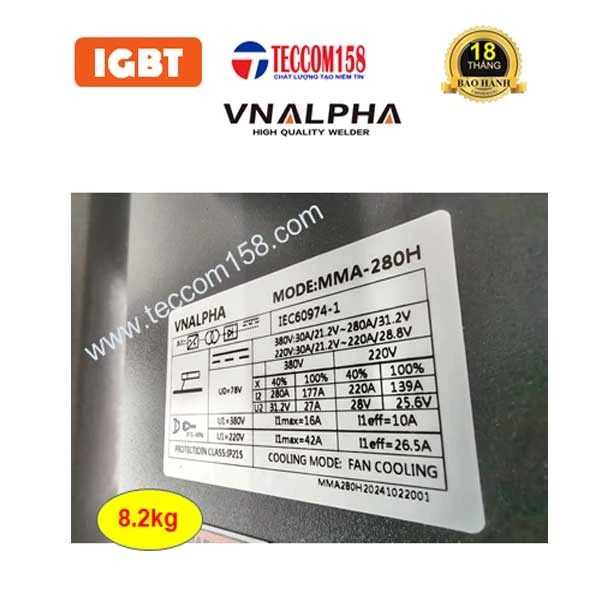 VNALPHA MMA-280H CHUYÊN QUE 4LY 100% 5LY 60% + LIFT TIG INNOX MỎNG, INPUT 180V-420V, CẤU HÌNH 6 BO 8 IGBT