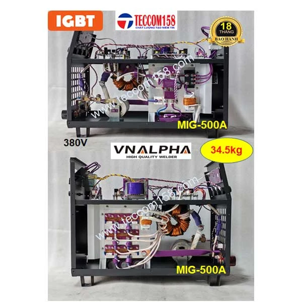VNALPHA MIG -500A TỰ ĐỘNG ĐẦU RỜI CUỘN 15KG DÂY 1.0-1.6MM + QUE 5LY 100% INPUT 380V CẤU HÌNH 9 BO 2 MODUL KHỐI 2 KHÁNG 3 TỤ KHỐI ĐẦU TIÊN TẠI VN