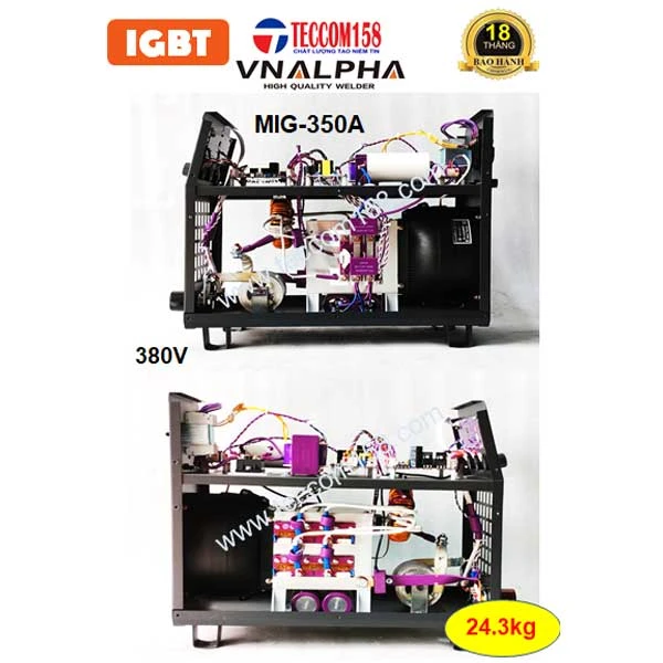 VNALPHA MIG-350A ĐẦU RỜI CUỘN 15KG DÂY 0.8-1.2MM + HÀN QUE 2.5-5.0MM, INPUT 380V, CẤU HÌNH 6 BO 2 MODUL KHỐI IGBT 2 KHÁNG TỤ SỨ TỤ KHỐI