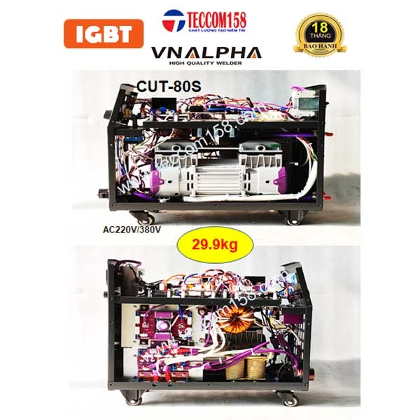 VNALPHA CUT-80S CẤU HÌNH 9 BO 4IGBT TÍCH HỢP MÁY NÉN KHÍ 1.1KW CẮT SẮT DÀY 25MM, HÀN QUE 2.5-5.0 LY, DẢI ĐIỆN RỘNG 180v-420v